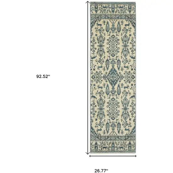 8' Ivory And Blue Oriental Runner Rug With Fringe Photo 3