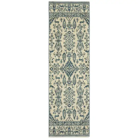 8' Ivory And Blue Oriental Runner Rug With Fringe Photo 2