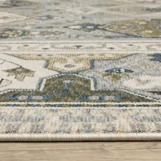 8' Ivory And Blue Oriental Runner Rug With Fringe Photo 5