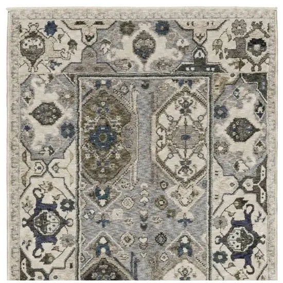 8' Ivory And Blue Oriental Runner Rug With Fringe Photo 4