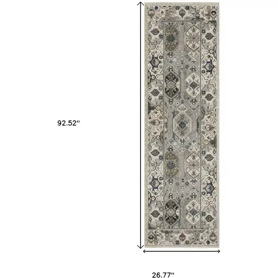 8' Ivory And Blue Oriental Runner Rug With Fringe Photo 3