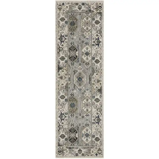 8' Ivory And Blue Oriental Runner Rug With Fringe Photo 2