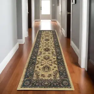 Photo of 8' Ivory And Blue Oriental Runner Rug