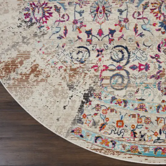 6' Ivory And Brown Floral Distressed Round Rug Photo 4