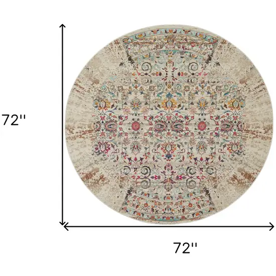 6' Ivory And Brown Floral Distressed Round Rug Photo 3