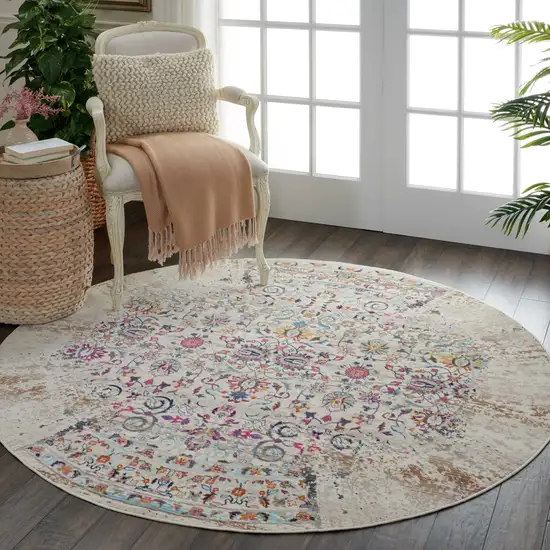 6' Ivory And Brown Floral Distressed Round Rug Photo 8