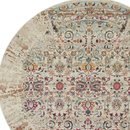 6' Ivory And Brown Floral Distressed Round Rug Photo 6