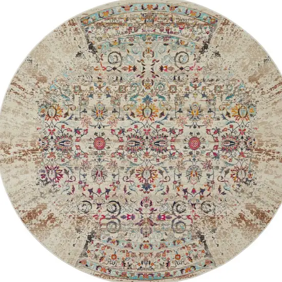 6' Ivory And Brown Floral Distressed Round Rug Photo 7