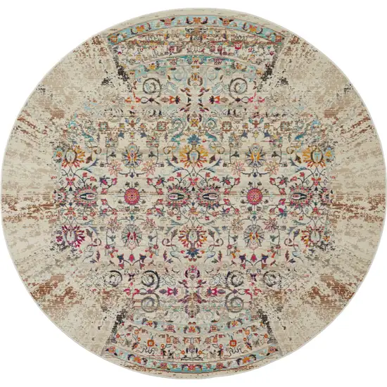 6' Ivory And Brown Floral Distressed Round Rug Photo 2