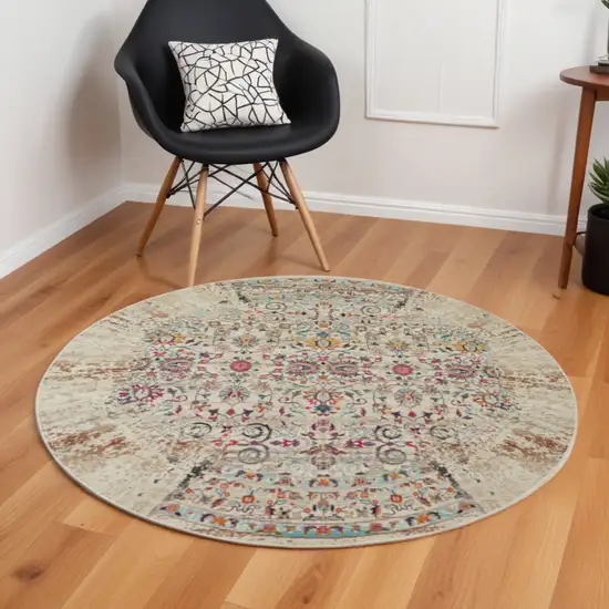 6' Ivory And Brown Floral Distressed Round Rug Photo 1