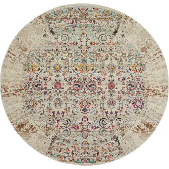 4' Ivory And Brown Floral Distressed Round Rug Photo 7