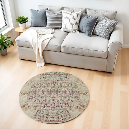 4' Ivory And Brown Floral Distressed Round Rug Photo 1