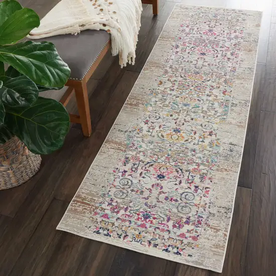 8' Ivory And Brown Floral Distressed Runner Rug Photo 9