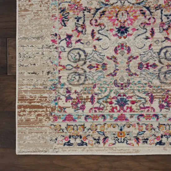 8' Ivory And Brown Floral Distressed Runner Rug Photo 4