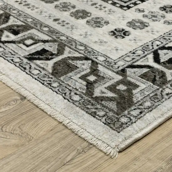 8' Ivory And Charcoal Oriental Runner Rug With Fringe Photo 4