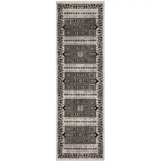 8' Ivory And Charcoal Oriental Runner Rug With Fringe Photo 2