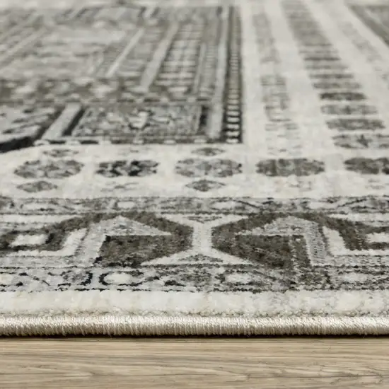 8' Ivory And Charcoal Oriental Runner Rug With Fringe Photo 5