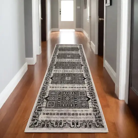 8' Ivory And Charcoal Oriental Runner Rug With Fringe Photo 1