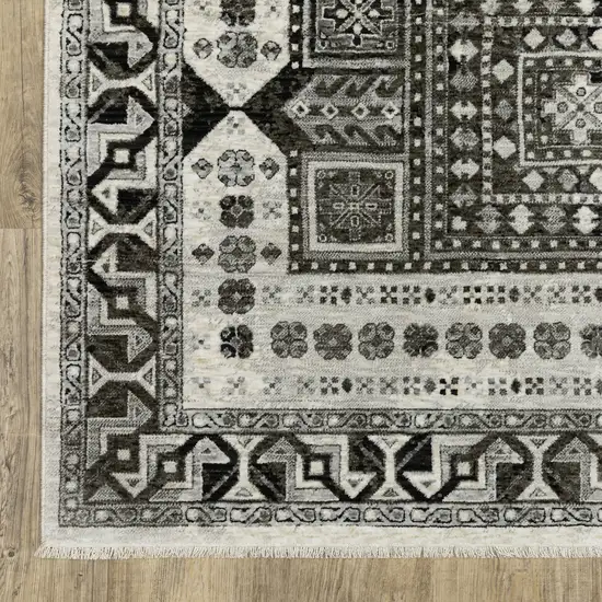 8' Ivory And Charcoal Oriental Runner Rug With Fringe Photo 7