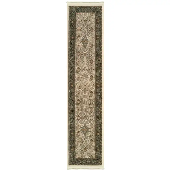 10' Ivory And Dark Blue Medallion Runner Rug With Fringe Photo 2