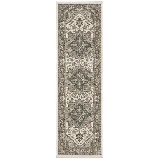 8' Ivory And Gold Medallion Runner Rug With Fringe Photo 2