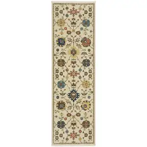 Photo of 8' Ivory And Gold Oriental Runner Rug With Fringe