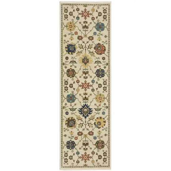 8' Ivory And Gold Oriental Runner Rug With Fringe Photo 2