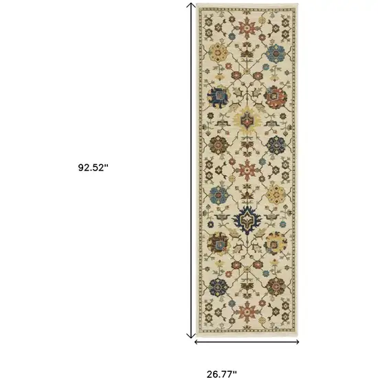 8' Ivory And Gold Oriental Runner Rug With Fringe Photo 3