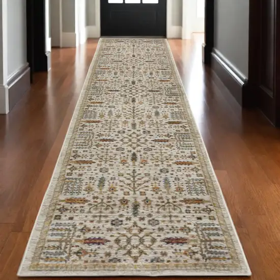 12' Ivory And Gold Oriental Runner Rug Photo 1