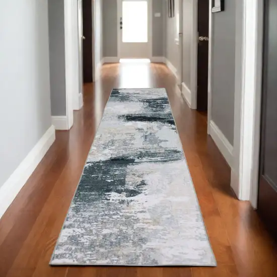 8' Ivory And Gray Abstract Distressed Runner Rug Photo 1