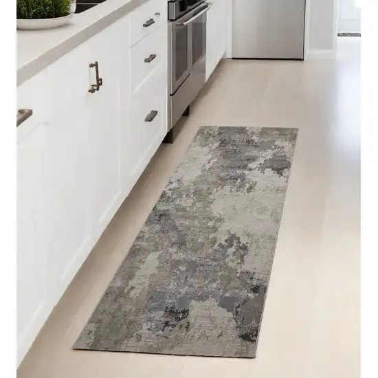 8' Ivory And Gray Abstract Stain Resistant Runner Rug Photo 1