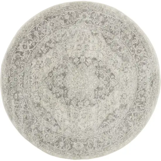 8' Ivory And Gray Floral Medallion Distressed Round Rug Photo 1