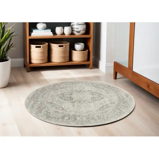 5' Ivory And Gray Floral Medallion Distressed Round Rug Photo 1