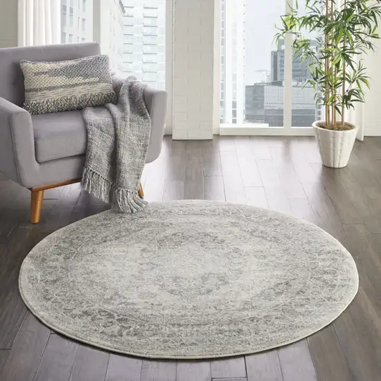 5' Ivory And Gray Floral Medallion Distressed Round Rug Photo 7