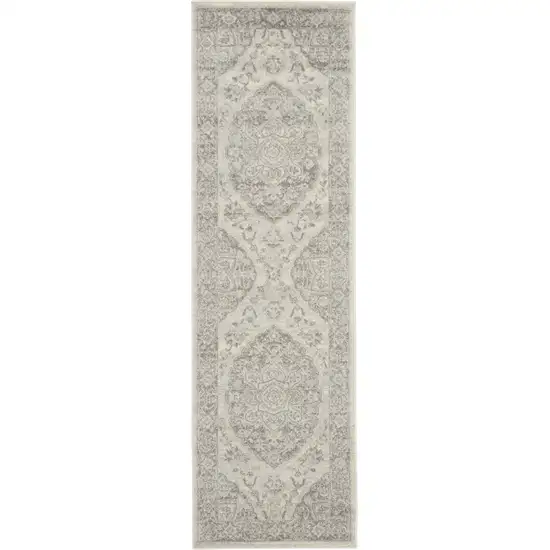 7' Ivory And Gray Floral Medallion Distressed Runner Rug Photo 2