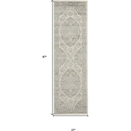 7' Ivory And Gray Floral Medallion Distressed Runner Rug Photo 3