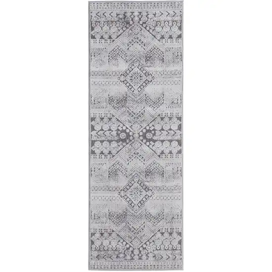 8' Ivory And Gray Geometric Power Loom Distressed Stain Resistant Runner Rug Photo 1