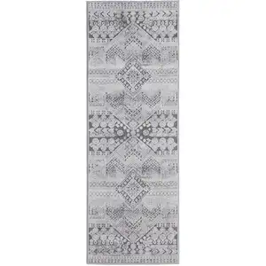 Photo of 8' Ivory And Gray Geometric Power Loom Distressed Stain Resistant Runner Rug