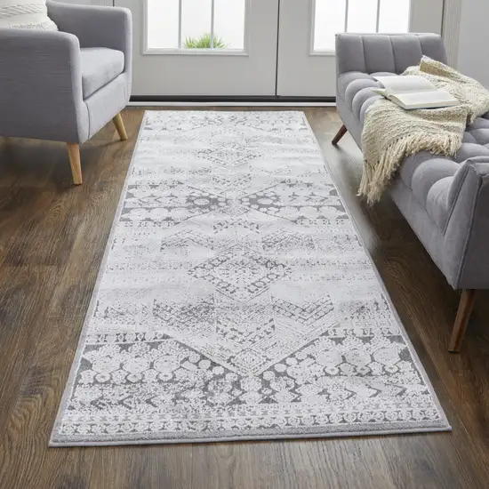 8' Ivory And Gray Geometric Power Loom Distressed Stain Resistant Runner Rug Photo 5