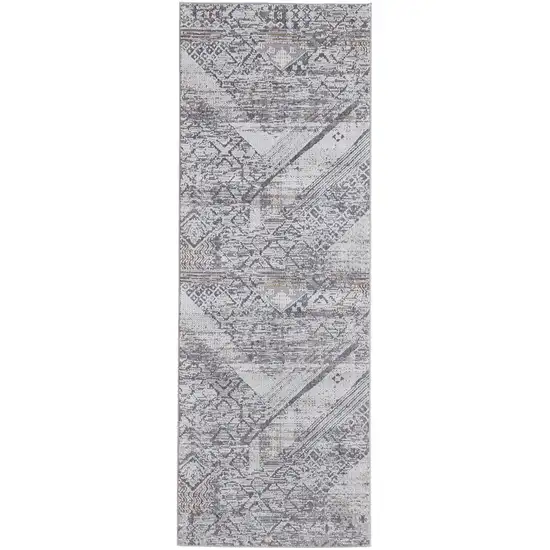 8' Ivory And Gray Geometric Power Loom Distressed Stain Resistant Runner Rug Photo 1