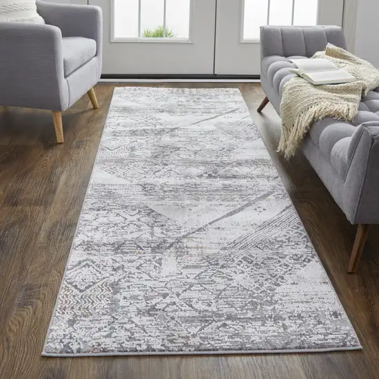 8' Ivory And Gray Geometric Power Loom Distressed Stain Resistant Runner Rug Photo 4