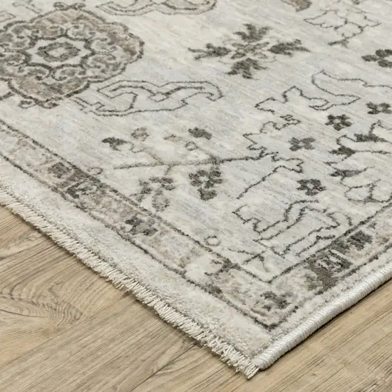 8' Ivory And Gray Oriental Runner Rug With Fringe Photo 6