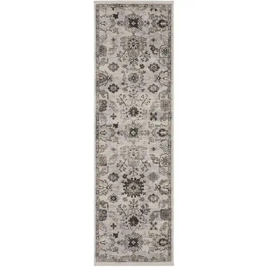 8' Ivory And Gray Oriental Runner Rug With Fringe Photo 2