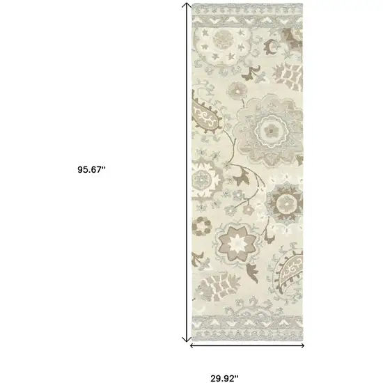 8' Ivory And Gray Wool Floral Hand Tufted Runner Rug Photo 3