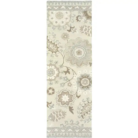 8' Ivory And Gray Wool Floral Hand Tufted Runner Rug Photo 2