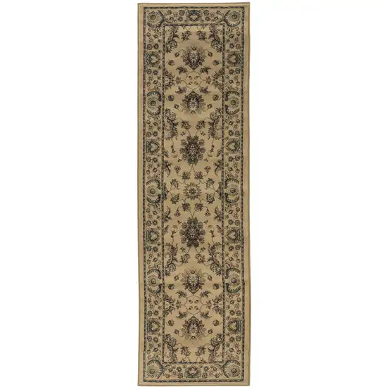 8' Ivory And Green Oriental Runner Rug Photo 2