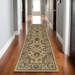 Photo of 8' Ivory And Green Oriental Runner Rug