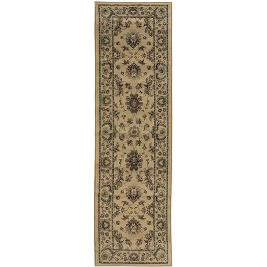 8' Ivory And Green Oriental Runner Rug Photo 4