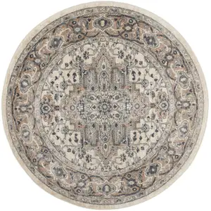 Photo of 4' Ivory And Grey Round Oriental Power Loom Non Skid Area Rug