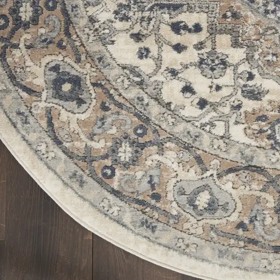 4' Ivory And Grey Round Oriental Power Loom Non Skid Area Rug Photo 6